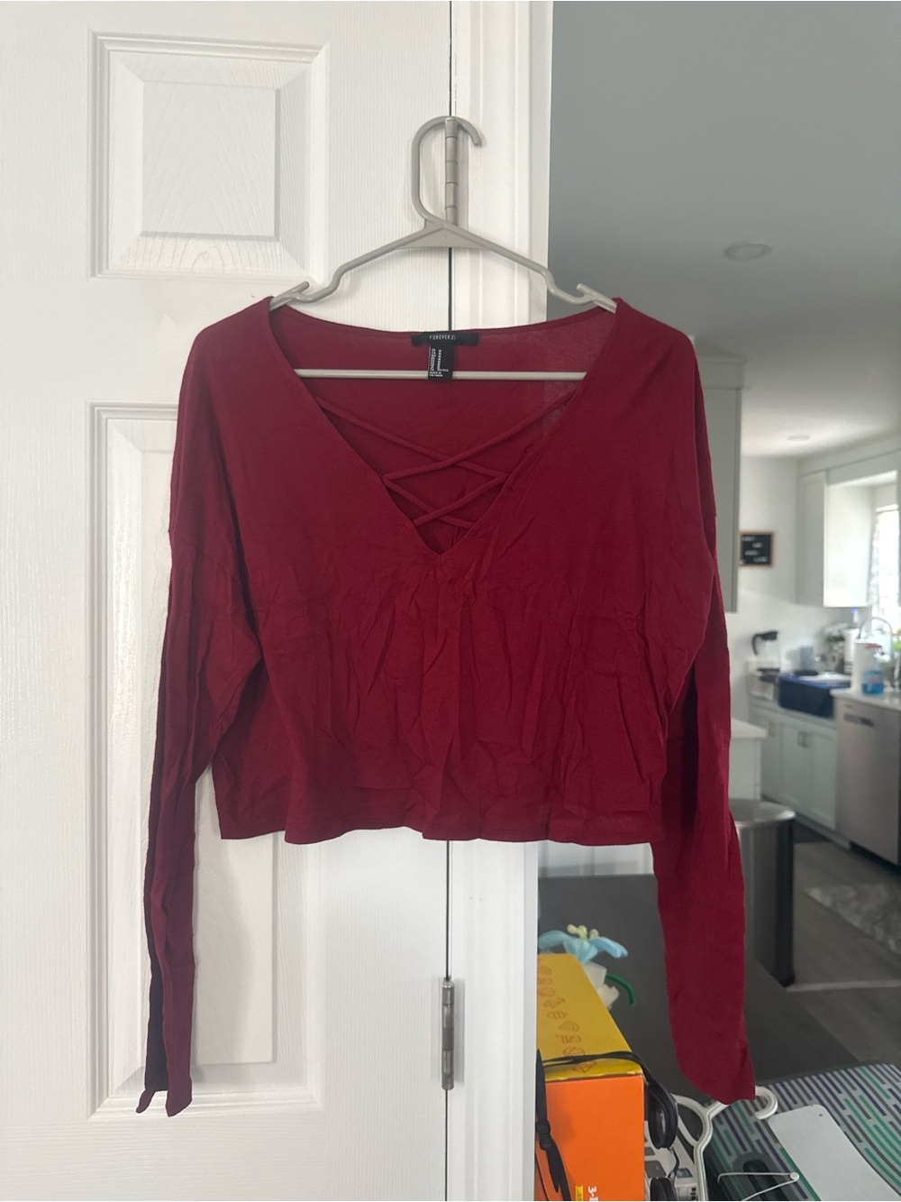 Fashion Nova Burgundy Crisscross V-Neck Long Sleeve Top